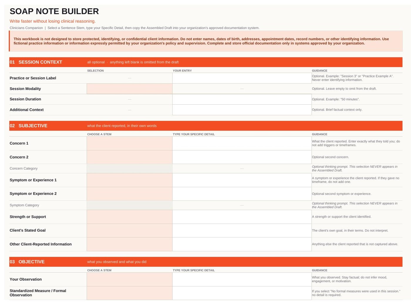 The SOAP Builder tab showing session context, subjective, and objective entry rows with sentence-stem dropdowns