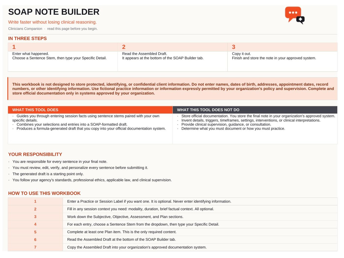 Start Here tab explaining the three-step workflow and what the tool does and does not do