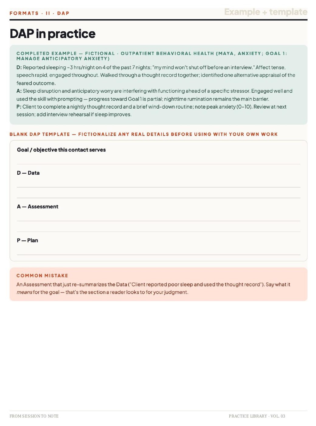 DAP in practice page with a completed fictional example and a blank DAP template