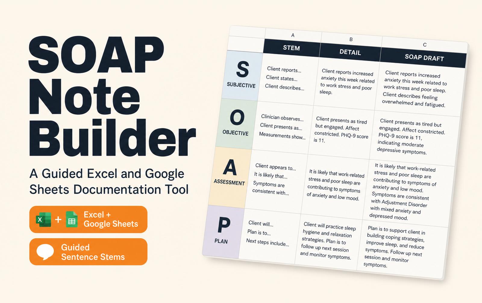 SOAP Note Builder — a guided Excel and Google Sheets documentation tool