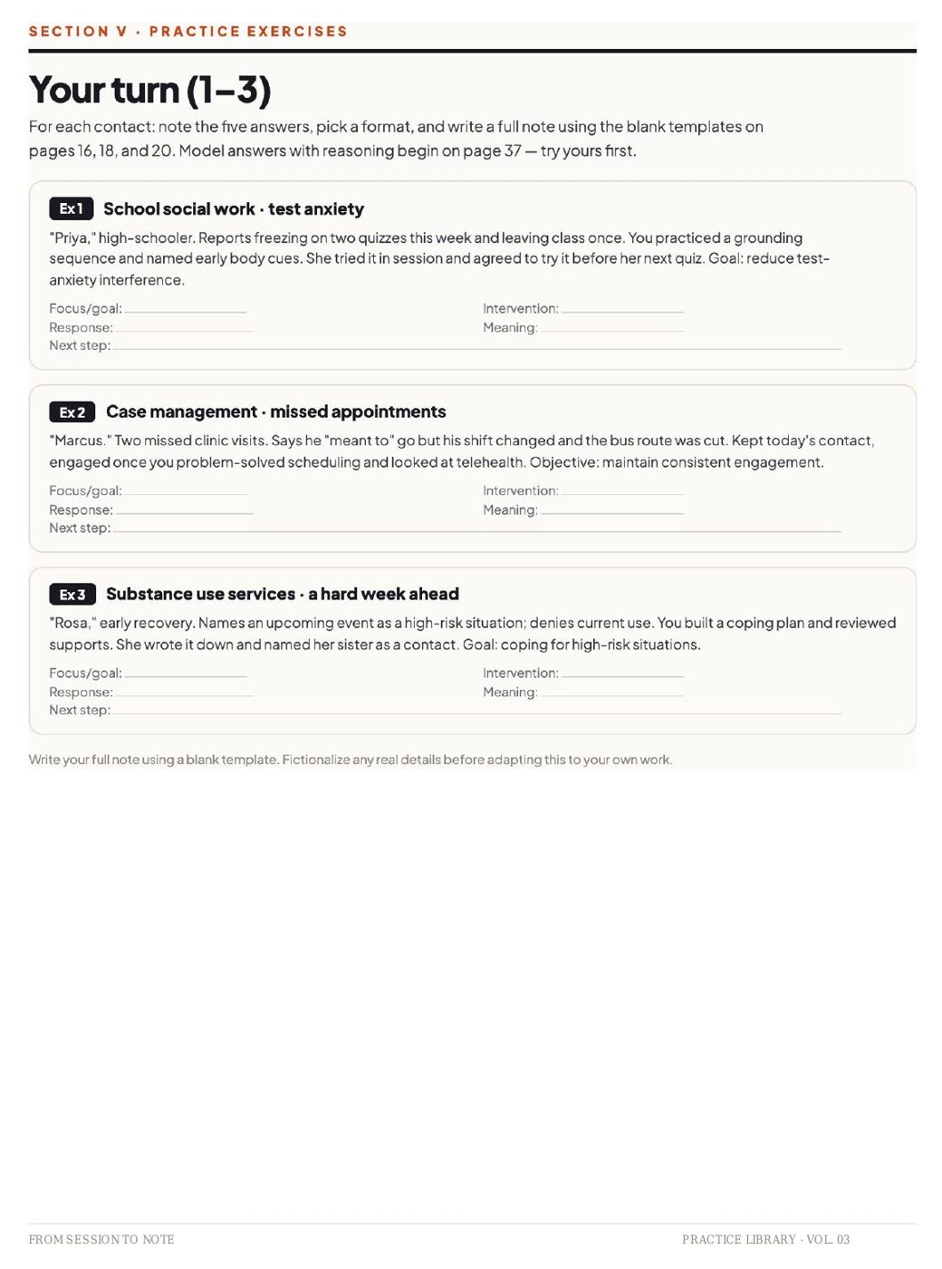 Practice exercise page with fictional cases and blank response fields