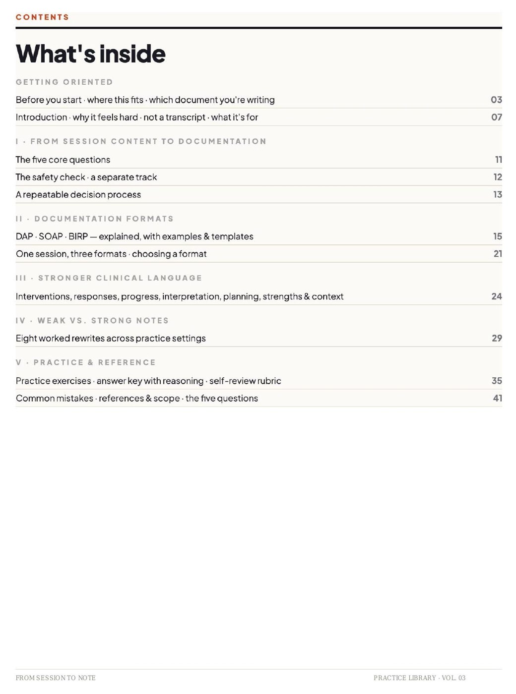 Contents page of From Session to Note listing all sections and page numbers